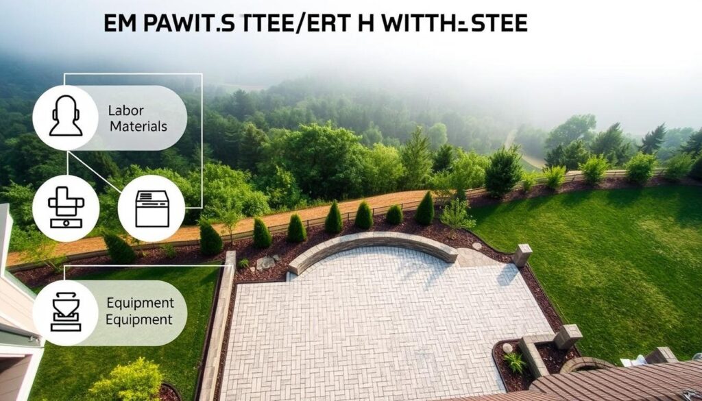 A detailed overhead view of various factors impacting the cost of paving with concrete pavers. A well-organized foreground showcases the different cost elements - labor, materials, equipment, and site preparation - with clear visual indicators. The middle ground depicts a partially paved patio, highlighting the quality and complexity of the installation. The background features a serene, verdant landscape to convey the residential or commercial setting. The lighting is soft and diffused, creating a contemplative mood. The camera angle is high, providing a comprehensive perspective on the subject matter. This image aims to visually communicate the key drivers of paver installation costs in a clear and informative manner.