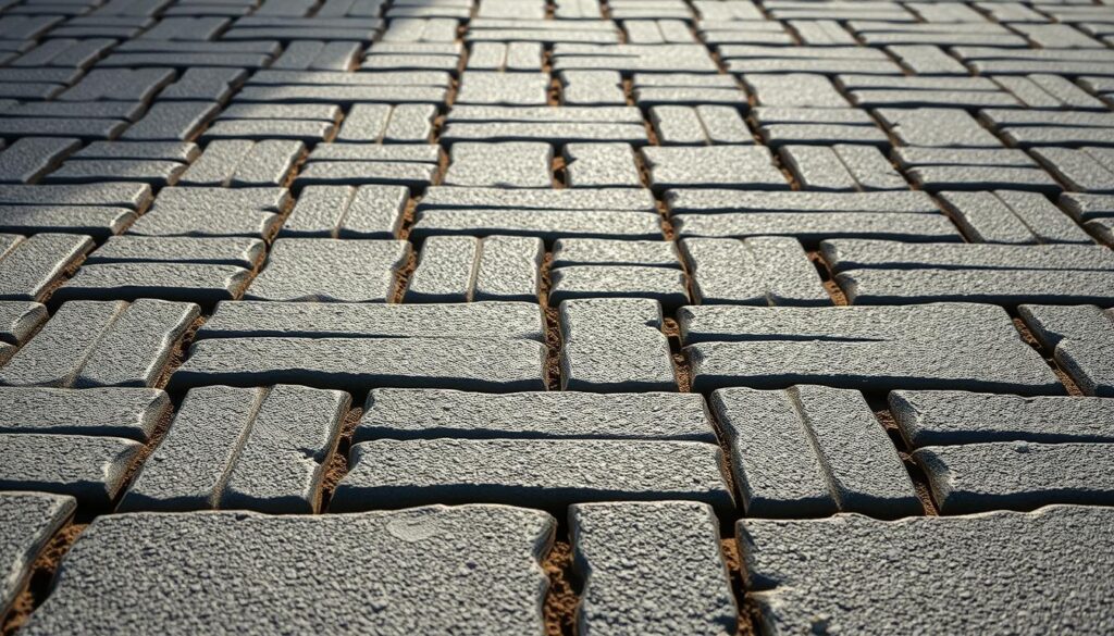 A meticulously detailed close-up view of interlocking paving stones, known as "kostki brukowej", covering the ground. The texture and pattern of the stones are captured in high resolution, showcasing their rugged yet aesthetically pleasing design. The image is shot from an angle that emphasizes the uniform layout and careful craftsmanship of the pavement, creating a sense of precision and order. The lighting is soft and natural, casting subtle shadows that accentuate the depth and dimensionality of the stones. The overall composition conveys the durability and practical application of this type of paving material, making it an ideal illustration for a section on the cost of installation per square meter.