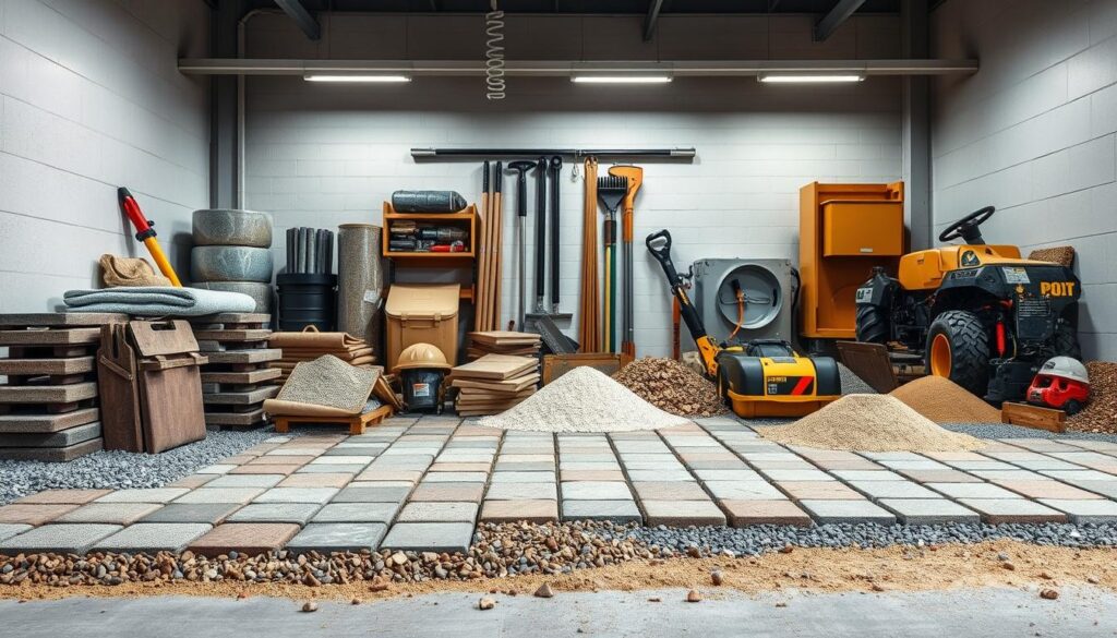 A well-organized collection of high-quality materials for paving stones, arranged in a visually appealing display. The foreground features an assortment of paving stones, gravel, and sand in various textures and hues, artfully arranged to showcase their individual characteristics. The middle ground showcases specialized tools and accessories, such as edge restraints, geotextile fabrics, and compaction equipment, all essential for preparing the ground and installing the pavers. The background depicts a clean, well-lit workspace, with soft, directional lighting that enhances the materials' colors and textures. The overall mood is professional, organized, and tailored to the needs of the "Koszt ułożenia kostki brukowej - cena za m2 i robocizna." article's "Koszty materiałów dodatkowych i przygotowania podłoża" section.