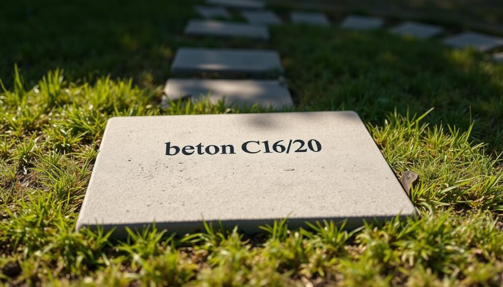 A close-up shot of a concrete slab labeled "beton C16/20" sitting atop a grassy surface, with a paved path or edging visible in the background. The concrete slab is positioned in the center of the frame, casting a subtle shadow on the ground. The lighting is soft and natural, creating a warm, inviting atmosphere. The image emphasizes the texture and composition of the concrete, showcasing its durability and suitability for use as a paving material around the edges of a garden or landscape.