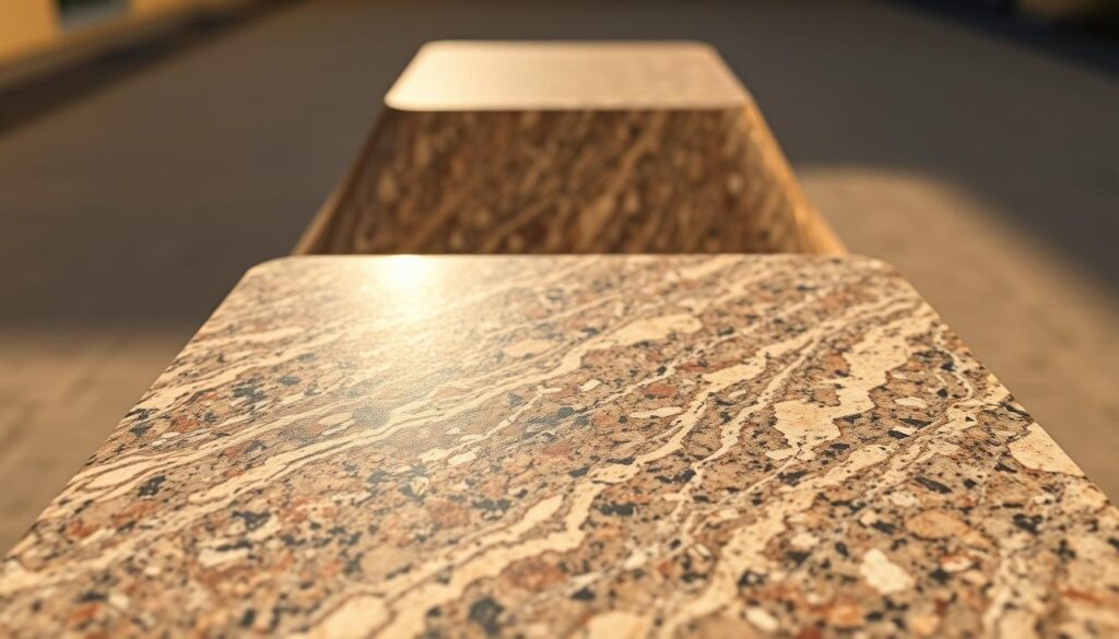 A close-up view of a polished granite block, revealing its intricate patterns and lustrous surface. The lighting is warm and directional, casting soft shadows that accentuate the smooth texture and natural striations of the stone. In the middle ground, a second granite block is visible, showcasing the material's durability and resistance to weathering. The background is a neutral, out-of-focus setting, allowing the focus to remain on the granite's inherent qualities. The overall mood is one of solidity, quality, and timeless elegance, perfectly suited to illustrate the section on the properties and longevity of granite pavers. A close-up view of a polished granite block, revealing its intricate patterns and lustrous surface. The lighting is warm and directional, casting soft shadows that accentuate the smooth texture and natural striations of the stone. In the middle ground, a second granite block is visible, showcasing the material's durability and resistance to weathering. The background is a neutral, out-of-focus setting, allowing the focus to remain on the granite's inherent qualities. The overall mood is one of solidity, quality, and timeless elegance, perfectly suited to illustrate the section on the properties and longevity of granite pavers.