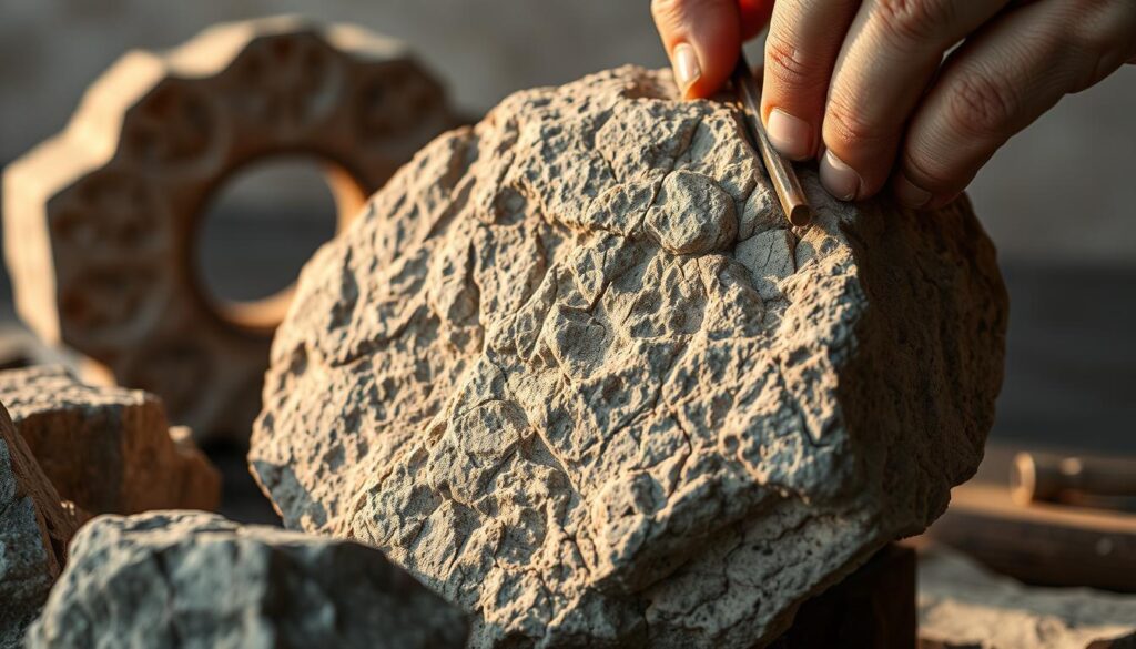 A detailed close-up view of a weathered, natural fieldstone being carefully carved and shaped into decorative elements. The stone's rugged, textured surface is illuminated by soft, warm lighting, casting dramatic shadows that highlight the intricate chiseling and shaping process. The scene is set against a neutral, out-of-focus background, keeping the focus on the skilled craftsmanship and the raw, earthy beauty of the stone. The overall mood is one of patient, meticulous artistry, showcasing the transformation of a simple, found object into a unique, handcrafted decorative piece.