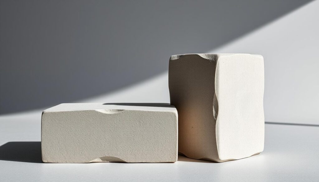 A detailed comparison of a smooth-edged concrete paving block against its counterpart with a distinct beveled edge, showcased in a well-lit, high-resolution studio setting. The foreground features the two paving blocks in an overlapping arrangement, allowing for a clear side-by-side examination of their distinct profiles. The middle ground offers a minimalist background, drawing full attention to the textural and geometric differences between the two products. Subtle shadows cast by the blocks convey a sense of depth and dimensionality, while the overall composition maintains a clean, professional aesthetic suitable for an editorial illustration. A detailed comparison of a smooth-edged concrete paving block against its counterpart with a distinct beveled edge, showcased in a well-lit, high-resolution studio setting. The foreground features the two paving blocks in an overlapping arrangement, allowing for a clear side-by-side examination of their distinct profiles. The middle ground offers a minimalist background, drawing full attention to the textural and geometric differences between the two products. Subtle shadows cast by the blocks convey a sense of depth and dimensionality, while the overall composition maintains a clean, professional aesthetic suitable for an editorial illustration.