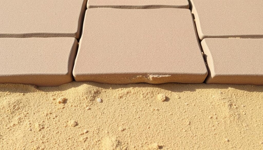 A detailed cross-section of a well-laid paving stone surface, showcasing the underlying sand layer that fills the gaps between the stones. The sand is a warm, beige hue, evenly distributed and compacted, providing a solid foundation for the paving stones above. The lighting is soft and natural, casting subtle shadows that accentuate the texture and depth of the sand. The overall composition emphasizes the importance of proper sand placement in achieving a long-lasting, high-quality paving stone installation, perfectly suited to illustrate the "Sposoby na poprawne wypełnienie fug" section of the article.