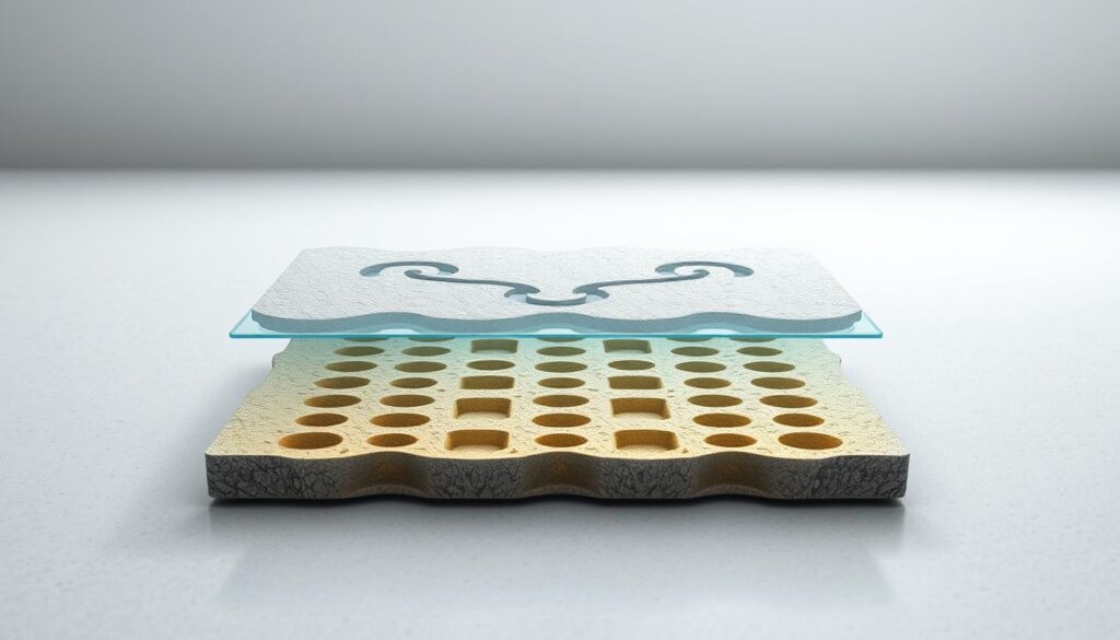 A detailed cross-section of an eco-friendly paving stone system, showcasing its water drainage mechanism. The foreground features a single paving stone, its surface textured with a subtle, organic pattern. Beneath, an intricate network of channels and voids allows rainwater to percolate through, creating a naturalistic, permeable surface. The middle ground depicts the stone's internal structure, with interconnected chambers and pathways that facilitate efficient water flow. The background provides a calm, minimalist environment, highlighting the technical sophistication and environmental benefits of this sustainable paving solution. Soft, diffused lighting illuminates the scene, emphasizing the stone's materiality and the system's functional elegance. Captured with a high-resolution camera, the image conveys a sense of depth, clarity, and technical precision.