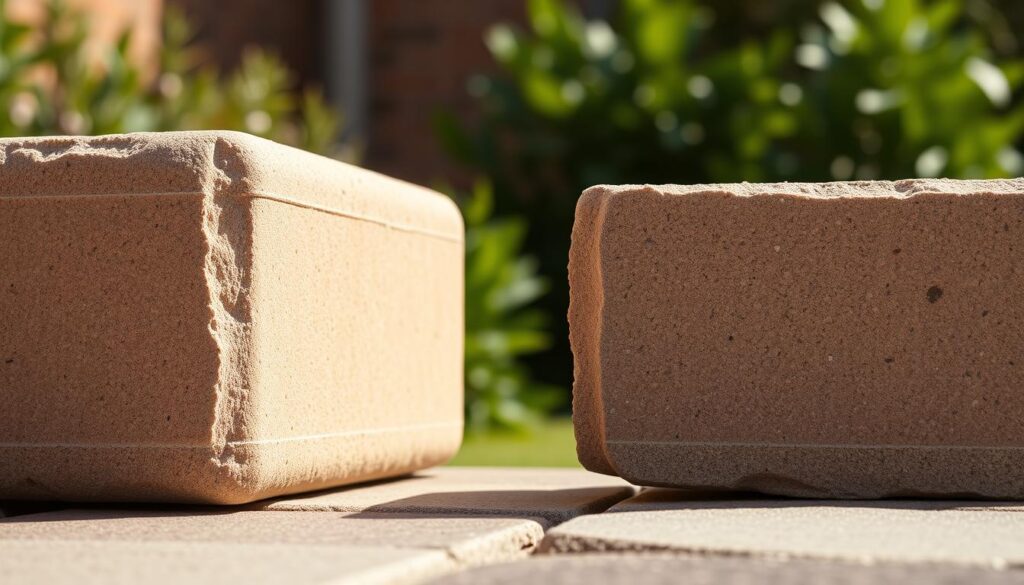 A detailed side-by-side comparison of a smooth, uniform edged paving stone (a "bezfazowa" block) and a paving stone with a micro-chamfered edge (a "mikrofaza" block). The scene is set in natural daylight, with warm, directional lighting illuminating the surfaces from the left. The camera is positioned at a slight angle, capturing the textural differences and edge profiles of the two blocks in crisp detail. The background is blurred but reveals a lush, verdant garden setting to provide context. The overall mood is one of clarity and attention to material qualities, highlighting the distinguishing features of these two paving stone options. A detailed side-by-side comparison of a smooth, uniform edged paving stone (a "bezfazowa" block) and a paving stone with a micro-chamfered edge (a "mikrofaza" block). The scene is set in natural daylight, with warm, directional lighting illuminating the surfaces from the left. The camera is positioned at a slight angle, capturing the textural differences and edge profiles of the two blocks in crisp detail. The background is blurred but reveals a lush, verdant garden setting to provide context. The overall mood is one of clarity and attention to material qualities, highlighting the distinguishing features of these two paving stone options.