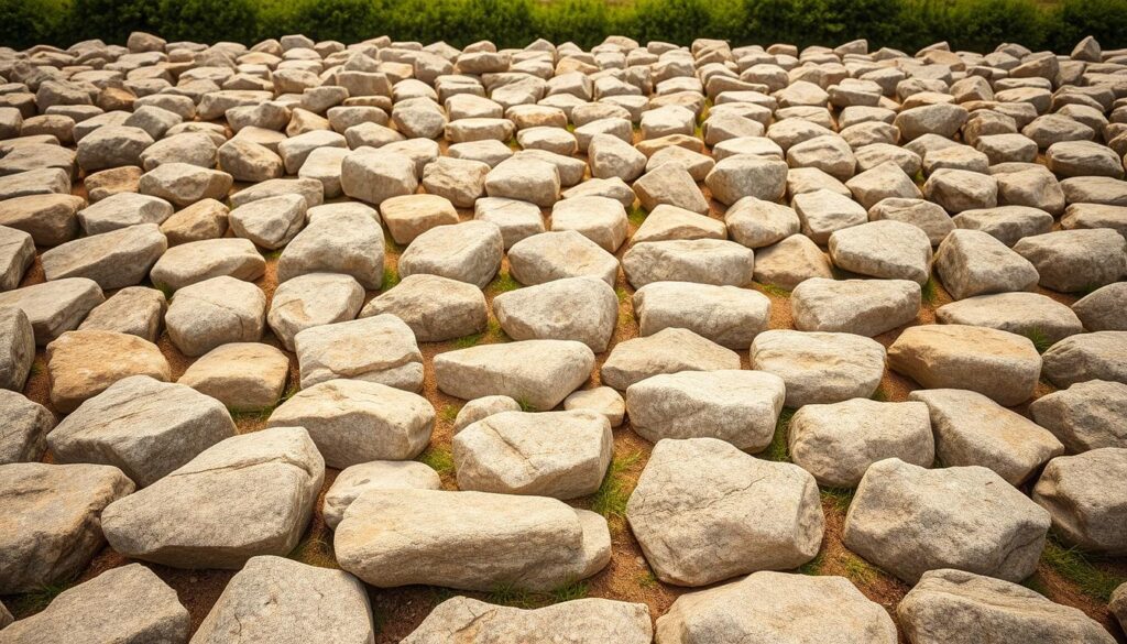 A field of natural stone boulders, neatly arranged in a seamless pattern, creating a serene and earthy landscape. The stones are carefully positioned, with their weathered and textured surfaces catching the warm, diffused lighting from an overhead sun. The foreground features a well-defined, symmetrical arrangement of the stones, while the middle ground introduces a more organic, flowing layout, leading the eye towards a background of lush, verdant foliage. The overall composition evokes a sense of balance, craftsmanship, and a harmonious integration of natural elements, perfectly capturing the "techniki układania kamienia polnego" showcased in the article.