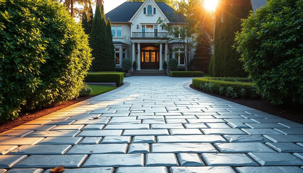 A granite paving stone driveway leading up to a stately residential home, bathed in warm, golden afternoon sunlight. The large, rectangular granite blocks are arranged in a uniform, elegant pattern, their rugged surfaces smoothed by years of weathering. Lush, verdant foliage frames the driveway, creating a picturesque contrast against the cool, grey tones of the granite. The image conveys a sense of durability, timelessness, and harmonious integration between the natural and built environments. The overall atmosphere is one of refined sophistication and enduring quality. A granite paving stone driveway leading up to a stately residential home, bathed in warm, golden afternoon sunlight. The large, rectangular granite blocks are arranged in a uniform, elegant pattern, their rugged surfaces smoothed by years of weathering. Lush, verdant foliage frames the driveway, creating a picturesque contrast against the cool, grey tones of the granite. The image conveys a sense of durability, timelessness, and harmonious integration between the natural and built environments. The overall atmosphere is one of refined sophistication and enduring quality.