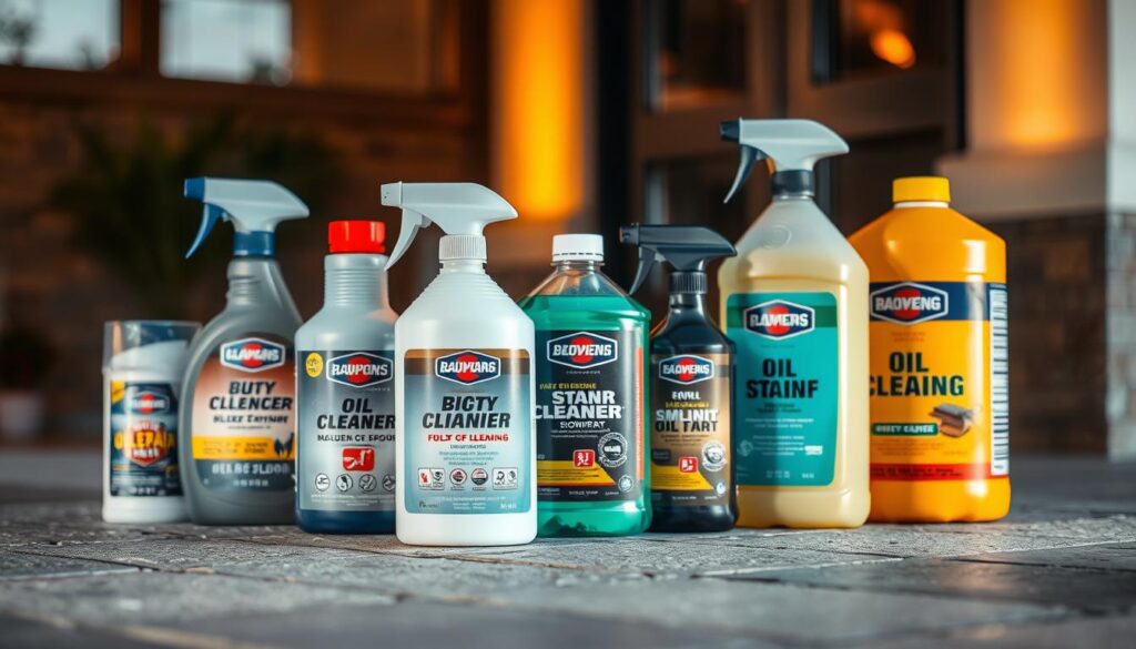 A high-quality close-up image of a variety of chemical cleaning products designed for removing oil stains from paving stones. The products are displayed on a clean, neutral surface, illuminated by warm, directional lighting that accentuates their textures and colors. The scene conveys a sense of professionalism and effectiveness, suggesting these are specialized, industrial-grade solutions for the task at hand. The composition is balanced, with the products occupying the foreground and middle ground, allowing the viewer to clearly see and understand the different types of cleaners available for this purpose.
