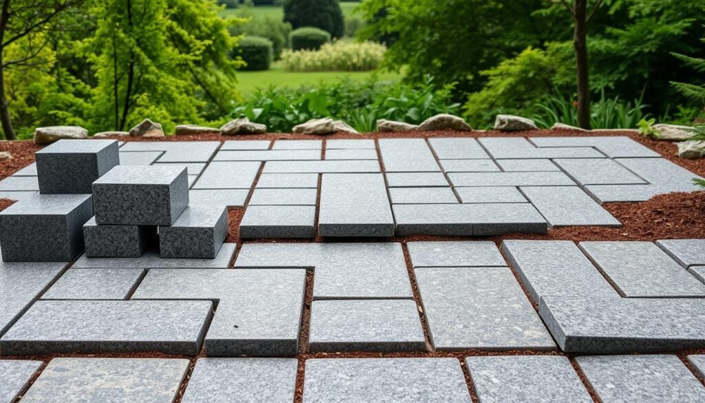 A high-quality, detailed image showcasing a variety of granite paving stones against a natural, earthy backdrop. Placed prominently in the foreground, a selection of granite cubes, slabs, and interlocking pavers in diverse shades of gray, from charcoal to silver, with subtle variations in texture and finish. In the middle ground, a mix of rectangular and square granite tiles, some with a smooth, polished surface and others with a rougher, more rustic appearance. The background features a lush, verdant landscape, perhaps a well-manicured garden or a peaceful outdoor setting, creating a harmonious and inviting atmosphere. The lighting is soft and diffused, highlighting the natural beauty and durability of the granite. The camera angle is slightly elevated, allowing the viewer to appreciate the range of granite products and their potential applications for a home's outdoor areas. A high-quality, detailed image showcasing a variety of granite paving stones against a natural, earthy backdrop. Placed prominently in the foreground, a selection of granite cubes, slabs, and interlocking pavers in diverse shades of gray, from charcoal to silver, with subtle variations in texture and finish. In the middle ground, a mix of rectangular and square granite tiles, some with a smooth, polished surface and others with a rougher, more rustic appearance. The background features a lush, verdant landscape, perhaps a well-manicured garden or a peaceful outdoor setting, creating a harmonious and inviting atmosphere. The lighting is soft and diffused, highlighting the natural beauty and durability of the granite. The camera angle is slightly elevated, allowing the viewer to appreciate the range of granite products and their potential applications for a home's outdoor areas.