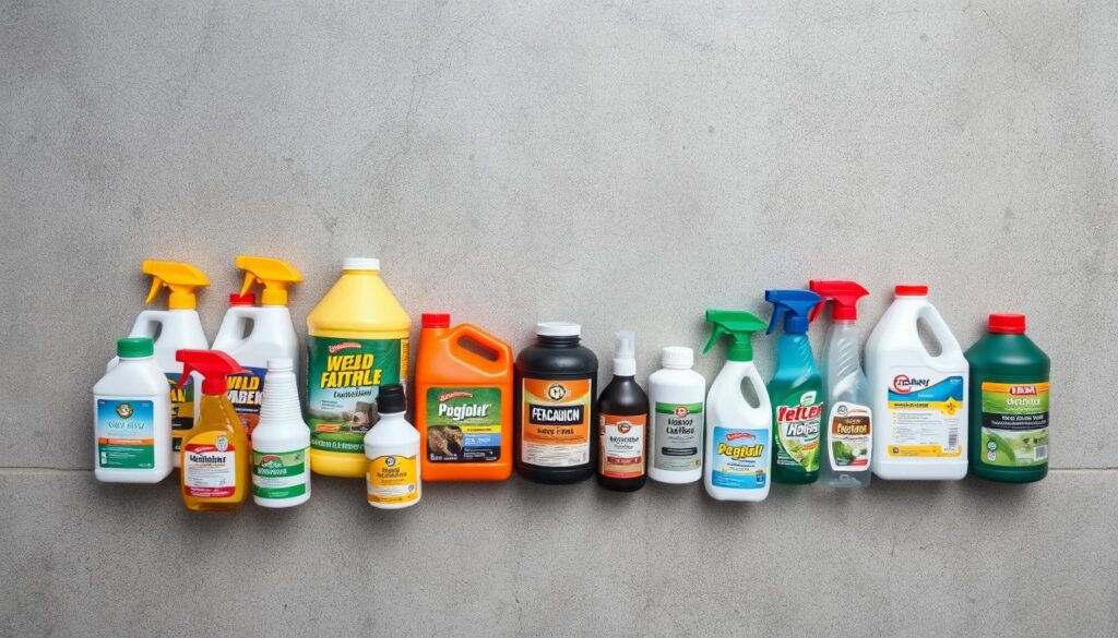 A neatly arranged display of various chemical herbicides and pesticides, presented on a neutral gray concrete surface. The bottles and containers are depicted with realistic textures, labels, and varied shapes, capturing the diverse selection of chemical weed control products. Soft, directional lighting casts subtle shadows, highlighting the three-dimensional nature of the items. The overall composition is clean and uncluttered, allowing the viewer to focus on the subject matter. The mood is one of professional, informative presentation, suitable for an article on effective weed removal methods.
