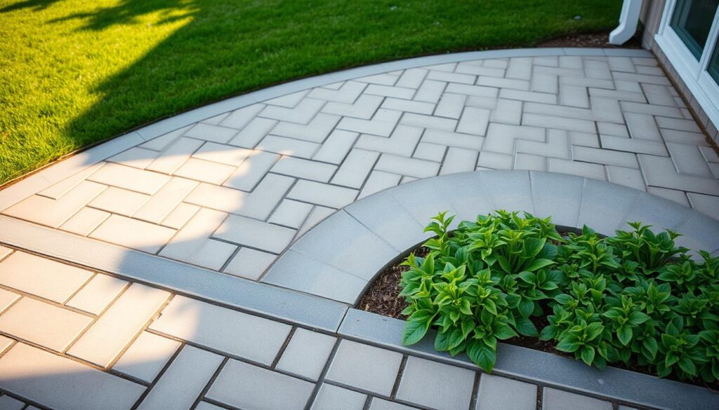A neatly arranged patio with interlocking paving stones, showcasing a seamless blend of functionality and aesthetic appeal. In the foreground, a carefully tended garden bed with lush, verdant groundcover plants strategically placed to inhibit weed growth. The middle ground features the paving stones, their uniform texture and pattern creating a sense of order and cleanliness. In the background, a well-manicured lawn frames the scene, suggesting a harmonious coexistence between the hardscaping and the softscaping. The lighting is soft and diffused, casting a warm, inviting glow over the entire composition. The camera angle is slightly elevated, providing a bird's-eye view that emphasizes the deliberate, organized layout of the space, conveying the importance of preventative measures in maintaining a healthy, weed-free patio.