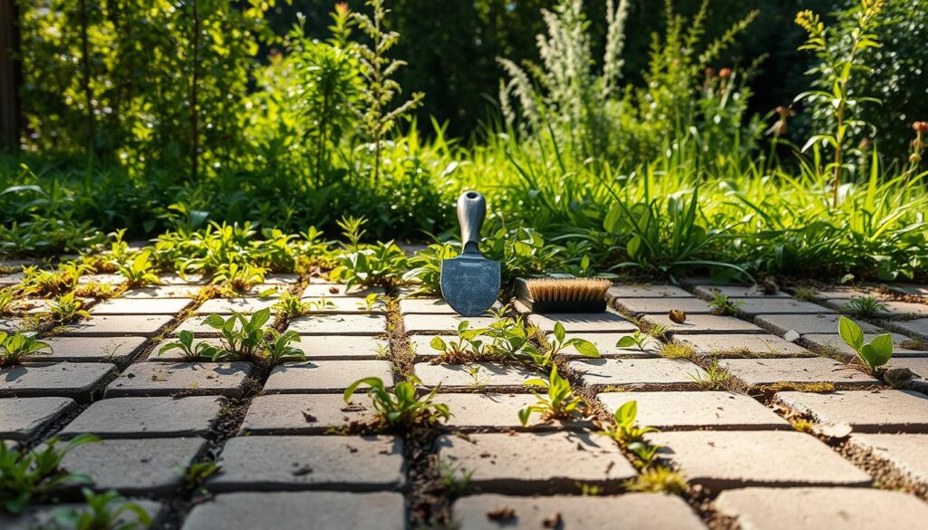 A paved brick surface, weathered and overgrown with weeds, lies in the foreground. Sunlight filters through the gaps, casting long shadows. In the middle ground, a gardening trowel and a small brush stand ready to tackle the encroaching vegetation. The background depicts a lush, verdant garden, hinting at the transformation to come. The scene conveys the preparatory stage, where the bricks must be meticulously cleared of unwanted growth before the restoration process can begin, capturing the essence of the "Przygotowanie powierzchni kostki" section of the article.