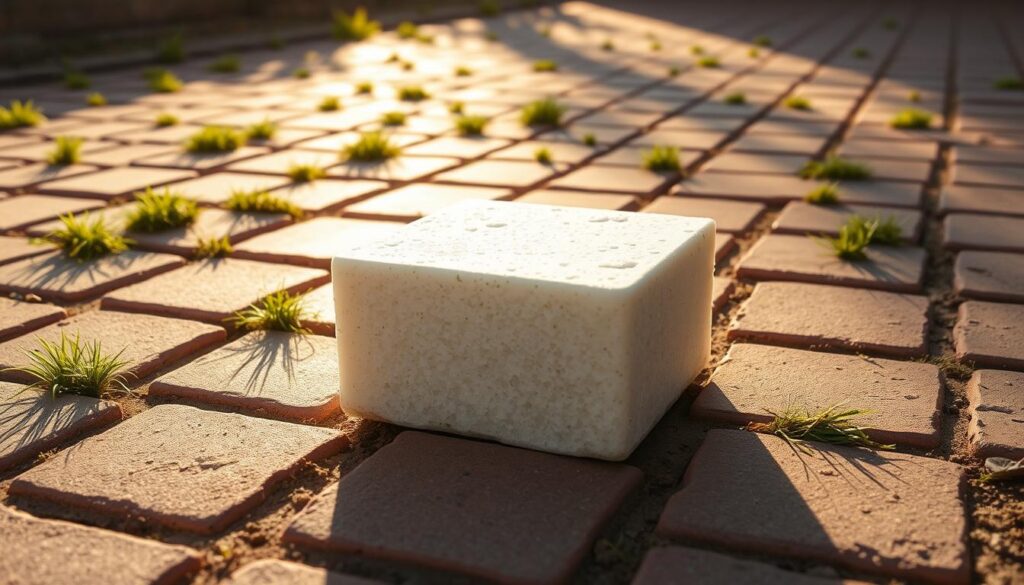 A sun-dappled brick patio, its surface dotted with fresh green grass clumps. In the foreground, a perfectly cubed salt block casts a warm, inviting glow, its edges slightly worn by the elements. The scene is bathed in soft, golden afternoon light, casting long shadows across the uneven pavers. The overall mood is one of rustic simplicity, suggesting an effective, natural solution to the challenge of preventing grass growth between bricks. The camera angle is low, emphasizing the tactile, grounded nature of the subject matter. Minimal distractions allow the salt block to take center stage as the hero of the composition.