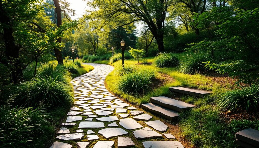 A tranquil garden path winds through a lush, verdant landscape, its surface adorned with a mosaic of weathered, irregular stones. Sunlight filters through the canopy above, casting a warm, golden glow over the scene. Carefully placed fieldstone steps lead visitors along the meandering trail, inviting exploration and a sense of connection with the natural world. The path's irregular edges blend seamlessly with the surrounding foliage, creating a harmonious interplay between the manmade and the organic. The overall atmosphere evokes a sense of timelessness and serenity, perfectly capturing the essence of incorporating natural stone into a garden's design.