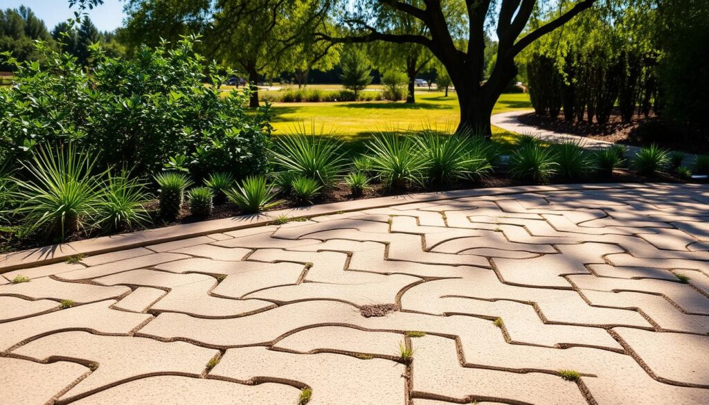 A tranquil outdoor scene of an eco-friendly paving solution. In the foreground, a well-designed pattern of interlocking permeable pavers, their natural earthy tones blending harmoniously with the surrounding greenery. The pavers showcase a innovative textured surface, gently sloping to allow water infiltration. In the middle ground, lush vegetation, including drought-resistant shrubs and grasses, thrive between the paver gaps. The background reveals a serene, sunlit landscape, with mature trees casting dappled shadows. The overall scene conveys a sense of environmental sustainability and visual appeal, showcasing an innovative, long-lasting paving solution for a greener, more resilient outdoor space.