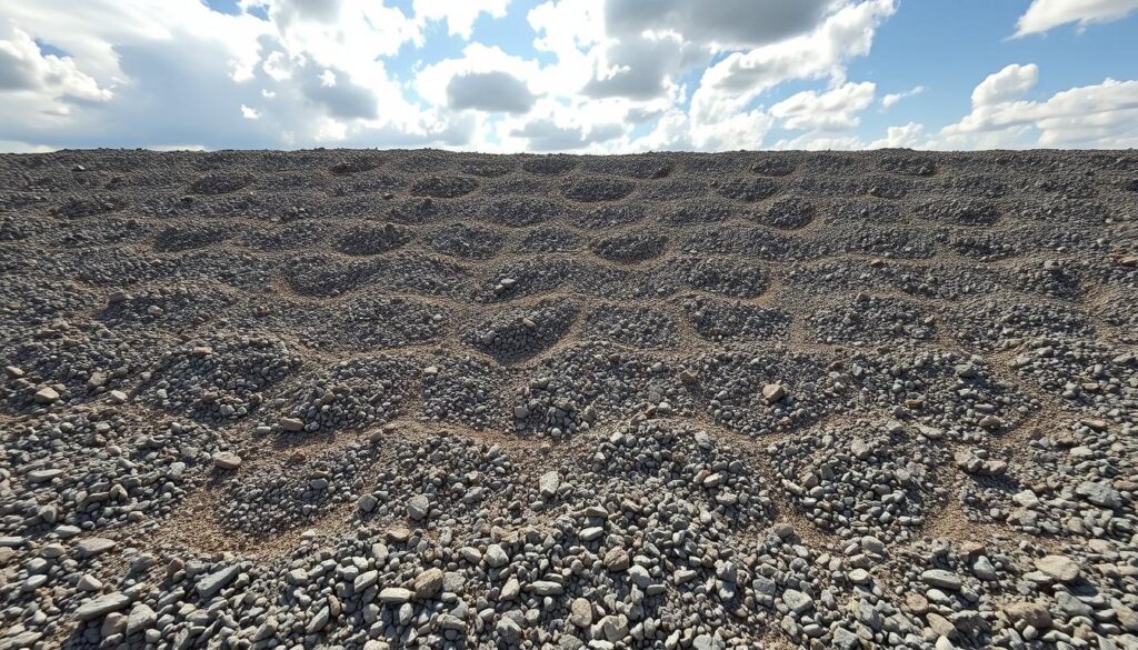 A well-compacted gravel foundation for a brick paving project, seen from an overhead angle. The gravel base is uniformly spread, with a smooth, even texture, ready to support the weight of the pavers. Sunlight filters through a partly cloudy sky, casting soft, natural shadows that accentuate the contours of the prepared surface. The image conveys a sense of precision, order, and careful preparation, reflecting the essential first step in creating a durable, long-lasting brick patio or walkway.
