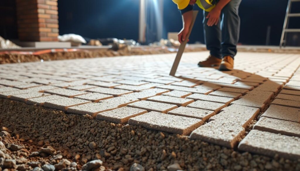 A well-lit construction site, with a close-up view of a carefully prepared gravel and sand base for an interlocking brick paving project. The ground is meticulously leveled, the layers compacted, and the edges neatly defined. A construction worker examines the surface with a straightedge, evaluating the evenness and ensuring proper slope for drainage. The image conveys a sense of attention to detail, professionalism, and the importance of a solid foundation for a lasting, high-quality pavement installation.