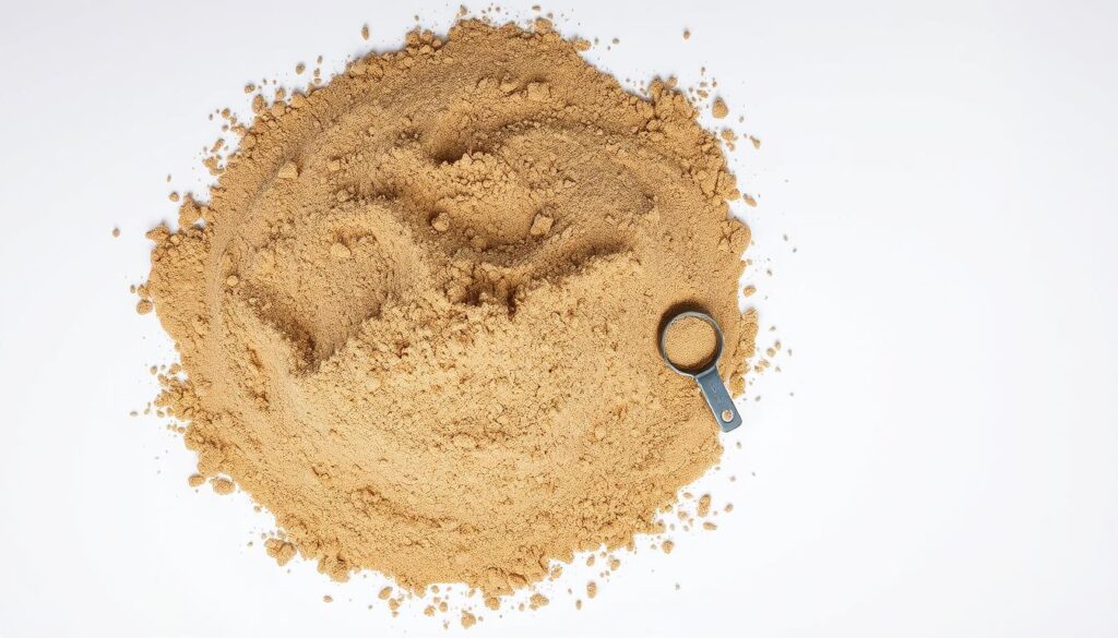 A well-lit overhead view of a pile of construction sand in various hues of tan and gray, with a small measuring cup or scoop placed next to it to showcase the scale. The sand appears coarse and textured, ready to be used as a base for laying pavers or bricks. The background is a plain white or light gray, allowing the sand to be the focal point of the image. The lighting is soft and even, casting gentle shadows that accentuate the details of the sand. The overall mood is one of practicality and utility, reflecting the practical nature of the subject matter.