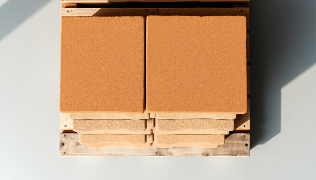 A well-lit overhead view of a stack of 6cm concrete pavers, or "kostka brukowa 6 cm", neatly arranged on a wooden pallet. The pavers have a smooth, uniform texture and a warm, earthy tone. The pallet is set against a plain background, allowing the product to be the focal point. Subtle shadows and highlights accentuate the dimensional qualities of the pavers, conveying a sense of quality and craftsmanship. The composition is balanced and visually appealing, showcasing the pavers in a way that would be suitable for an article about where to purchase this type of paving material.
