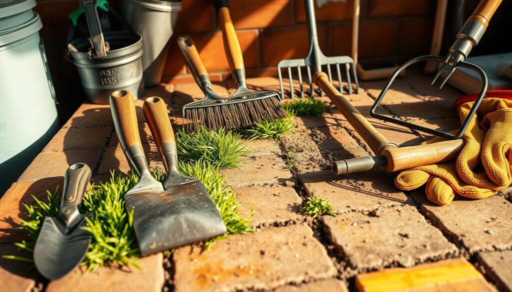 A well-lit workbench showcases a variety of hand tools for removing grass and weeds from between pavers. In the foreground, a small trowel, a sturdy scraper, and a wire brush stand ready. In the middle ground, a long-handled cultivator and a loop hoe provide leverage and precision for tackling larger areas. In the background, a sturdy rake and a pair of gardening gloves suggest a comprehensive toolkit for this meticulous task. The warm, natural lighting casts soft shadows, conveying a sense of care and attention to detail required for reclaiming paved surfaces from encroaching vegetation.