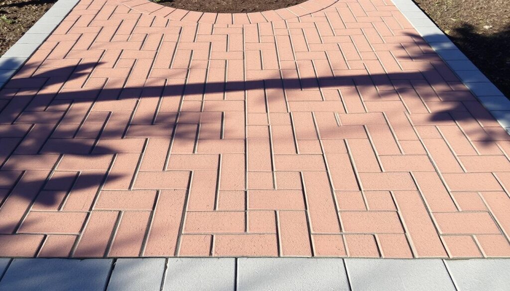 A well-maintained brick paving with a smooth, uniform surface. The pavers are neatly arranged in a herringbone pattern, their warm hues of terracotta and gray complementing the surrounding landscape. Subtle shadows cast by the bricks create depth and texture, while the sunlight gently illuminates the scene, lending a sense of tranquility. The edges of the paving are clean and defined, with carefully placed border pavers to contain the design. The overall impression is one of durability, attention to detail, and a harmonious integration with the natural environment.