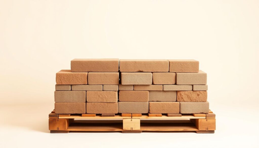 A well-organized arrangement of standard 6 cm pavement blocks on a wooden pallet. The blocks are neatly stacked in rows, showcasing their uniform size and color. The pallet is positioned in a softly lit studio setting, with warm, natural lighting highlighting the textural details of the blocks. The background is a clean, neutral tone, allowing the pallet to be the focal point. The overall composition conveys the practicality and versatility of this size of paving blocks, emphasizing their advantages for various landscaping and construction projects.