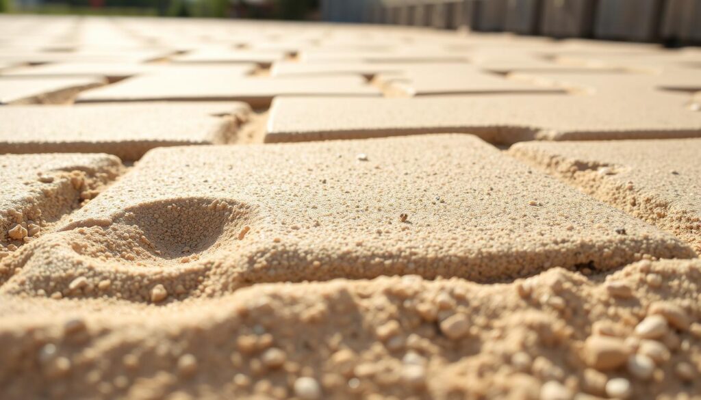 A well-prepared sand base for pavement installation. A close-up view of the meticulously leveled and compacted sand subbase, ready to receive the paving stones. The sand appears fine-grained, uniform in texture, and lightly dampened for optimal compaction. Sunlight gently illuminates the smooth, even surface, highlighting the precision of the preparation. The background is blurred, placing the focus entirely on the crucial foundation that will support the interlocking pavers above. This image conveys the importance of proper subbase preparation for a durable, long-lasting paved surface.