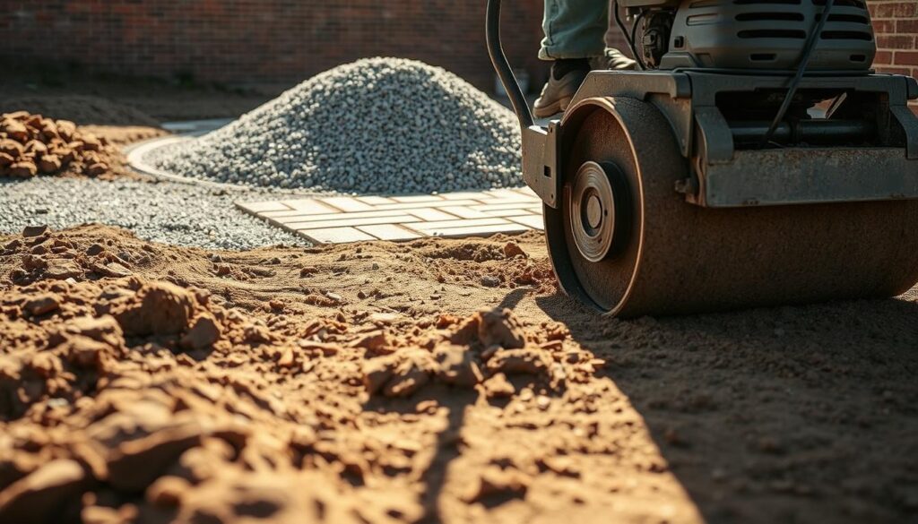 Closeup view of a construction site, showcasing the process of compacting the ground for a brick paving installation. The foreground depicts a worker operating a vibrating plate compactor, applying even pressure to the soil to create a stable and level base. The middle ground features piles of crushed gravel and sand, the necessary materials for constructing the sub-base. In the background, a partially completed brick paving pattern emerges, hinting at the final outcome. Warm, natural lighting illuminates the scene, emphasizing the textural details of the soil, gravel, and brick. The overall atmosphere conveys the importance of meticulous ground preparation for a successful brick pavement installation.