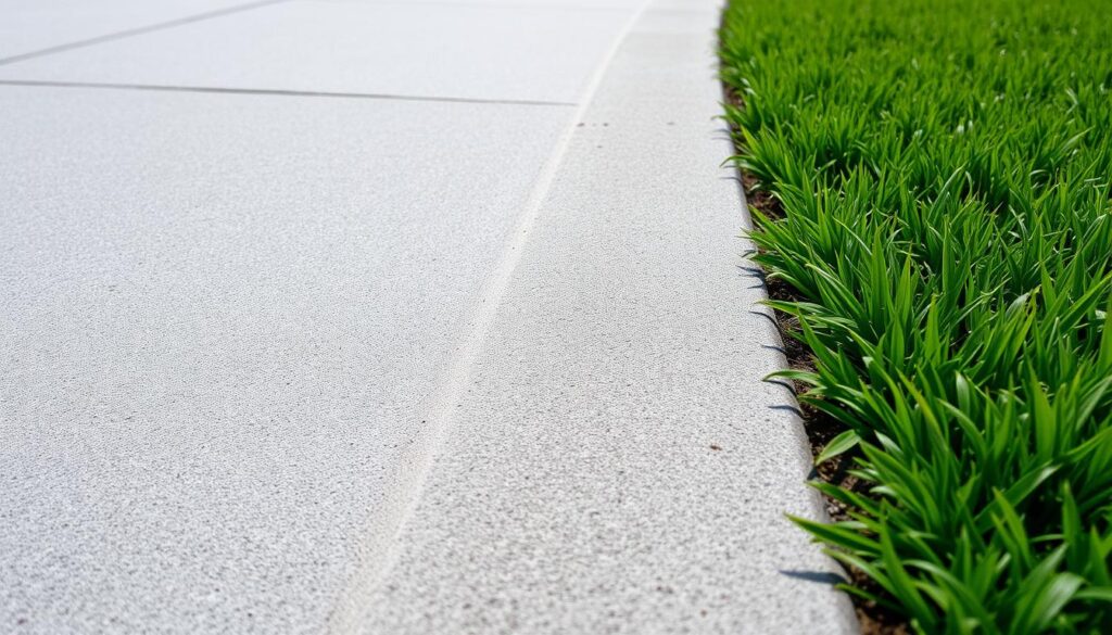 Detailed concrete edges surrounding a lush, verdant lawn. The concrete has a smooth, uniform texture and a natural grey hue that complements the vibrant green grass. The edges are precisely cut and flush with the ground, creating a seamless transition between the lawn and the surrounding pathways or garden beds. The lighting is soft and diffused, casting gentle shadows that accentuate the three-dimensional form of the concrete. The scene conveys a sense of order, durability, and harmonious integration with the natural landscape.
