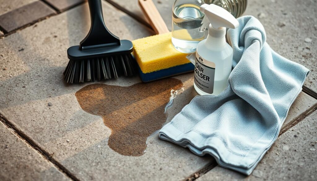 High-quality close-up of an assortment of household cleaning tools for removing oil stains from paving stones, including a scrub brush, a sponge, a cleaning solution, and a rag, arranged on a textured concrete surface with soft, warm lighting from the side, capturing the details and textures of the materials, conveying a sense of a practical, no-frills cleaning solution.