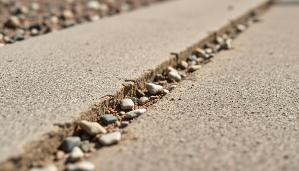 High quality detailed macro photograph of a concrete texture used for garden edging, showing the proportions and composition of the concrete mix with sand, gravel, and cement. The image is well-lit from the side to bring out the texture and structure, with a shallow depth of field to focus attention on the foreground. The concrete surface has a smooth, even finish typical of high-quality garden edging. The overall mood is one of precision and craftsmanship, highlighting the importance of using the right concrete mixture for durable and attractive garden borders.