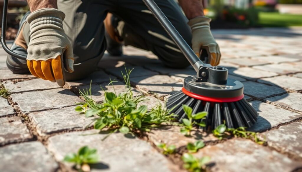 Prompt A landscaper using a mechanical brush to scrub and dislodge weeds growing between the pavers of a residential patio. The patio is made of interlocking concrete blocks, and the weeds have taken root in the cracks. The landscaper is wearing work gloves and kneeling on the ground, applying firm pressure with the mechanical brush to thoroughly clean the surface. Bright sunlight casts dramatic shadows, highlighting the textural details of the pavers and the stubborn weeds being removed. The overall scene conveys a sense of hard work and effective weed control through mechanical means.