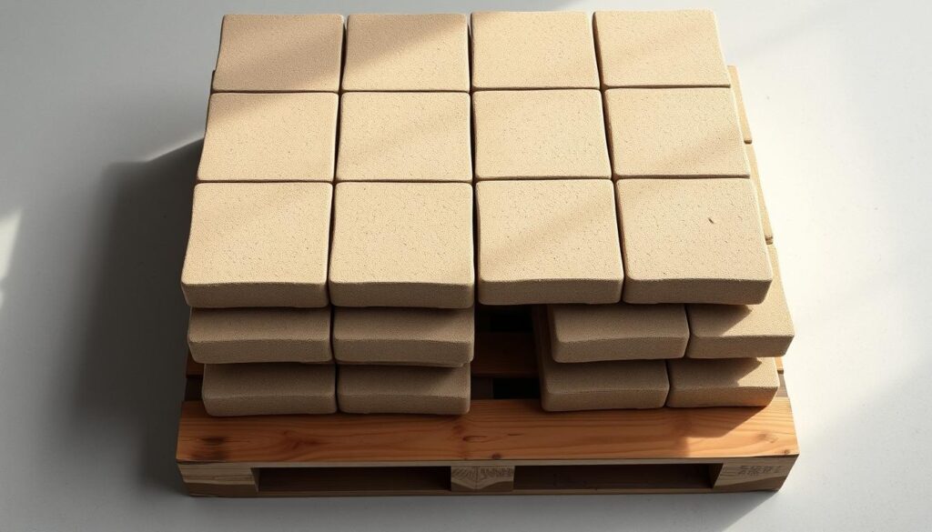 Stacks of 1 square meter concrete paving stones neatly arranged on a wooden pallet, shot from an overhead perspective. The stones have a subtle textured surface and a warm, earthy tone. Soft, directional lighting casts gentle shadows, highlighting the contours and edges of the individual blocks. The pallet is positioned in a clean, uncluttered studio environment, allowing the subject to be the focal point. The overall composition conveys a sense of precision, order, and the efficient use of space, relevant to the article's subject matter.