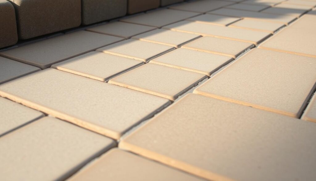 A close-up view of the carefully filled gaps between interlocking concrete pavers, creating a seamless, meticulously finished walkway. The smooth, uniform grout lines stand out in a contrasting neutral tone, complementing the natural texture and warm hues of the pavers. Soft, diffused lighting casts subtle shadows, highlighting the attention to detail and craftsmanship. The image conveys a sense of high-quality, durable construction, perfectly suited for the entryway steps featured in the article's "Filling the Gaps and Finishing the Stairs" section. A close-up view of the carefully filled gaps between interlocking concrete pavers, creating a seamless, meticulously finished walkway. The smooth, uniform grout lines stand out in a contrasting neutral tone, complementing the natural texture and warm hues of the pavers. Soft, diffused lighting casts subtle shadows, highlighting the attention to detail and craftsmanship. The image conveys a sense of high-quality, durable construction, perfectly suited for the entryway steps featured in the article's "Filling the Gaps and Finishing the Stairs" section.