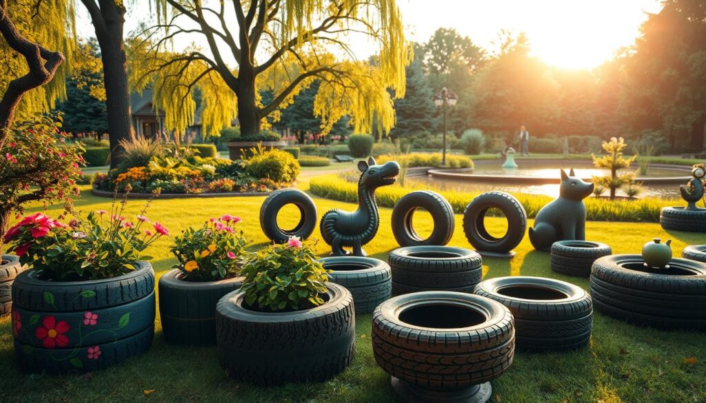 A collection of creative tire-based garden decorations set against a warm, sunlit backdrop. In the foreground, a series of detailed, hand-painted tire planters in vibrant colors and whimsical patterns - flowers, vines, and geometric designs adorn their surfaces. In the middle ground, a group of three-dimensional tire sculptures, carefully shaped and textured to resemble animals or abstract forms, rest atop a neatly manicured lawn. The background features a lush, verdant garden with towering trees and a peaceful pond, bathed in the soft, golden glow of the afternoon sun. The overall atmosphere conveys a sense of rustic charm, eco-friendly ingenuity, and a harmonious integration of recycled materials within the natural environment. A collection of creative tire-based garden decorations set against a warm, sunlit backdrop. In the foreground, a series of detailed, hand-painted tire planters in vibrant colors and whimsical patterns - flowers, vines, and geometric designs adorn their surfaces. In the middle ground, a group of three-dimensional tire sculptures, carefully shaped and textured to resemble animals or abstract forms, rest atop a neatly manicured lawn. The background features a lush, verdant garden with towering trees and a peaceful pond, bathed in the soft, golden glow of the afternoon sun. The overall atmosphere conveys a sense of rustic charm, eco-friendly ingenuity, and a harmonious integration of recycled materials within the natural environment.