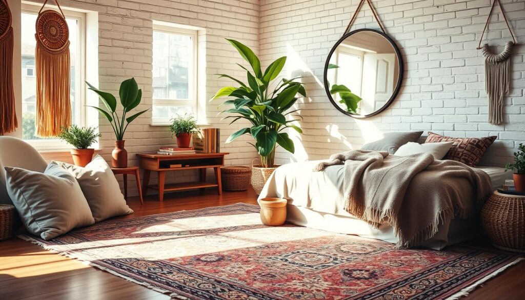 A cozy boho-inspired bedroom scene, flooded with warm natural light. In the foreground, an ornate woven rug covers the hardwood floor, surrounded by an eclectic mix of decorative textiles - plush velvet pillows, a woven throw blanket, and macrame wall hangings. A wooden side table holds a potted plant and a stack of artfully arranged books. In the middle ground, a large, lush green potted plant stands tall, casting soft shadows. The background features a whitewashed brick wall, with a large round mirror reflecting the natural light and creating a sense of depth. The overall mood is one of relaxation, comfort, and a touch of bohemian flair. A cozy boho-inspired bedroom scene, flooded with warm natural light. In the foreground, an ornate woven rug covers the hardwood floor, surrounded by an eclectic mix of decorative textiles - plush velvet pillows, a woven throw blanket, and macrame wall hangings. A wooden side table holds a potted plant and a stack of artfully arranged books. In the middle ground, a large, lush green potted plant stands tall, casting soft shadows. The background features a whitewashed brick wall, with a large round mirror reflecting the natural light and creating a sense of depth. The overall mood is one of relaxation, comfort, and a touch of bohemian flair.