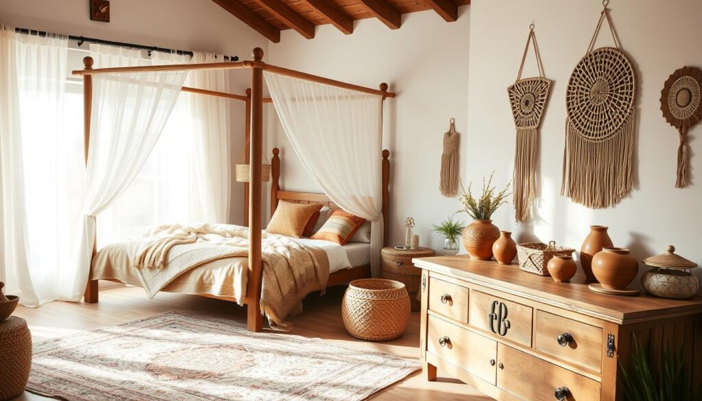 A cozy boho-style bedroom with a wooden four-poster bed, draped in sheer white curtains. Plush velvet and woven throw pillows in earthy tones accent the bed, while a plush area rug in a tribal pattern grounds the space. In the foreground, a rustic wooden dresser is adorned with intricate macrame wall hangings, terracotta pots, and woven baskets. Soft natural lighting filters through the large window, casting a warm, inviting glow. The overall atmosphere is one of relaxed, bohemian elegance. A cozy boho-style bedroom with a wooden four-poster bed, draped in sheer white curtains. Plush velvet and woven throw pillows in earthy tones accent the bed, while a plush area rug in a tribal pattern grounds the space. In the foreground, a rustic wooden dresser is adorned with intricate macrame wall hangings, terracotta pots, and woven baskets. Soft natural lighting filters through the large window, casting a warm, inviting glow. The overall atmosphere is one of relaxed, bohemian elegance.