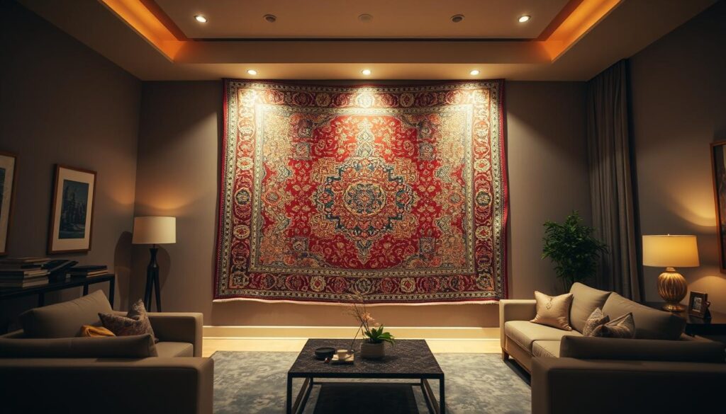 A cozy room with a large wall-mounted carpet in the center, illuminated by soft, warm lighting. The carpet is a rich, intricate design with bold colors and patterns, creating a stunning focal point. The room's decor complements the carpet, with neutral-toned furniture and minimalist accents that allow the carpet to shine. The camera angle captures the carpet in its entirety, showcasing its impressive scale and attention to detail. The overall atmosphere is one of elegance and sophistication, inviting the viewer to imagine the process of carefully installing this magnificent wall hanging. A cozy room with a large wall-mounted carpet in the center, illuminated by soft, warm lighting. The carpet is a rich, intricate design with bold colors and patterns, creating a stunning focal point. The room's decor complements the carpet, with neutral-toned furniture and minimalist accents that allow the carpet to shine. The camera angle captures the carpet in its entirety, showcasing its impressive scale and attention to detail. The overall atmosphere is one of elegance and sophistication, inviting the viewer to imagine the process of carefully installing this magnificent wall hanging.