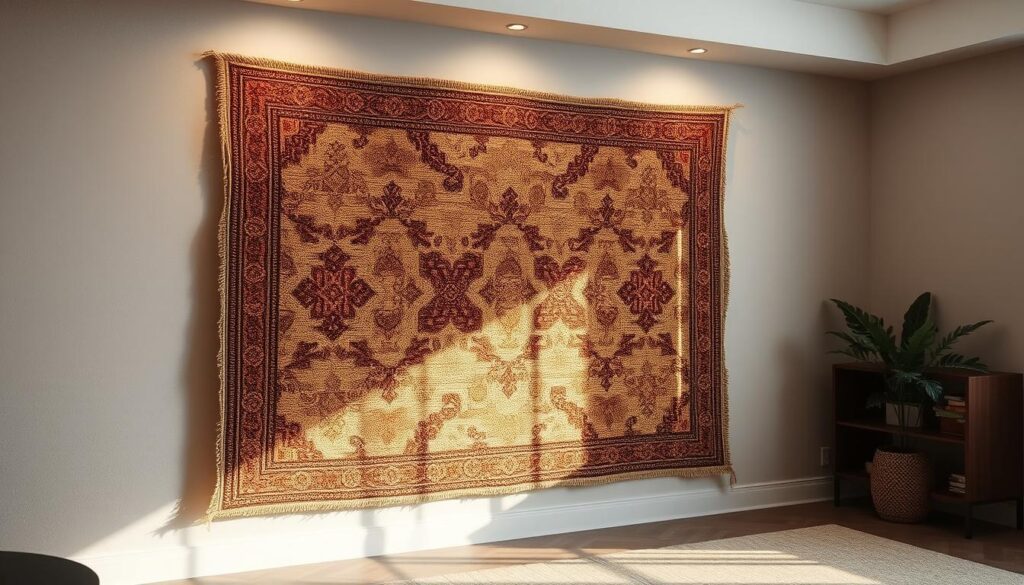 A cozy, well-lit room showcases an inviting wall-mounted rug, its intricate patterns and warm hues creating a striking focal point. The rug is displayed against a neutral backdrop, allowing its design to take center stage. Soft, directional lighting illuminates the textured surface, highlighting the depth and nuance of the weave. The overall composition conveys a sense of sophistication and timeless elegance, perfectly suited for a contemporary, minimalist interior. The camera captures the rug at an angle that emphasizes its scale and impact within the space, inviting the viewer to appreciate the craftsmanship and artistry of this unique decorative element. A cozy, well-lit room showcases an inviting wall-mounted rug, its intricate patterns and warm hues creating a striking focal point. The rug is displayed against a neutral backdrop, allowing its design to take center stage. Soft, directional lighting illuminates the textured surface, highlighting the depth and nuance of the weave. The overall composition conveys a sense of sophistication and timeless elegance, perfectly suited for a contemporary, minimalist interior. The camera captures the rug at an angle that emphasizes its scale and impact within the space, inviting the viewer to appreciate the craftsmanship and artistry of this unique decorative element.