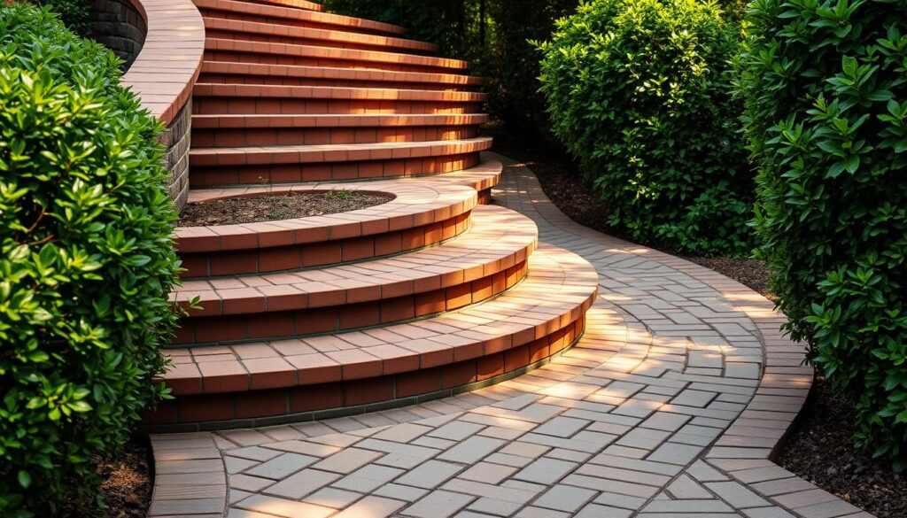 A detailed brick paver staircase set against a lush, verdant backdrop. The stairs wind gracefully, each step meticulously aligned, with subtle variations in the brick patterns adding visual interest. Warm, natural lighting casts soft shadows, accentuating the textural qualities of the pavers. The surrounding foliage, lush and vibrant, frames the staircase, creating a serene, inviting atmosphere. The overall composition conveys a sense of craftsmanship, durability, and seamless integration with the natural environment, perfectly capturing the essence of a well-designed entryway staircase. A detailed brick paver staircase set against a lush, verdant backdrop. The stairs wind gracefully, each step meticulously aligned, with subtle variations in the brick patterns adding visual interest. Warm, natural lighting casts soft shadows, accentuating the textural qualities of the pavers. The surrounding foliage, lush and vibrant, frames the staircase, creating a serene, inviting atmosphere. The overall composition conveys a sense of craftsmanship, durability, and seamless integration with the natural environment, perfectly capturing the essence of a well-designed entryway staircase.