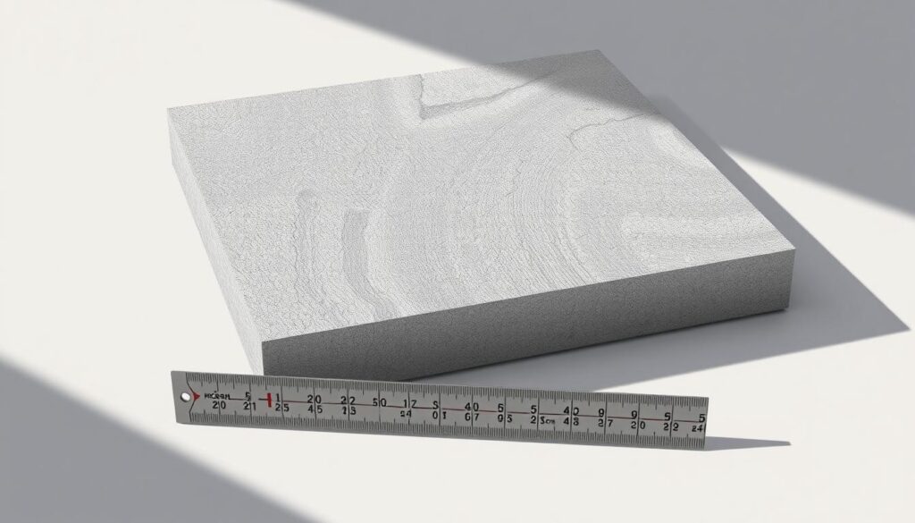 A detailed technical illustration of a 50x50 cm concrete paving slab, shown from an elevated perspective with a focus on the measurement and calculation of its weight. The slab is rendered with a realistic texture, casting shadows and highlights to convey its materiality. In the foreground, a ruler or measuring tape is prominently displayed, indicating the slab's dimensions. The background is a clean, neutral environment, allowing the viewer to concentrate on the subject matter. The overall mood is one of precision and information, suitable for an instructional article section on calculating paving slab weight.
