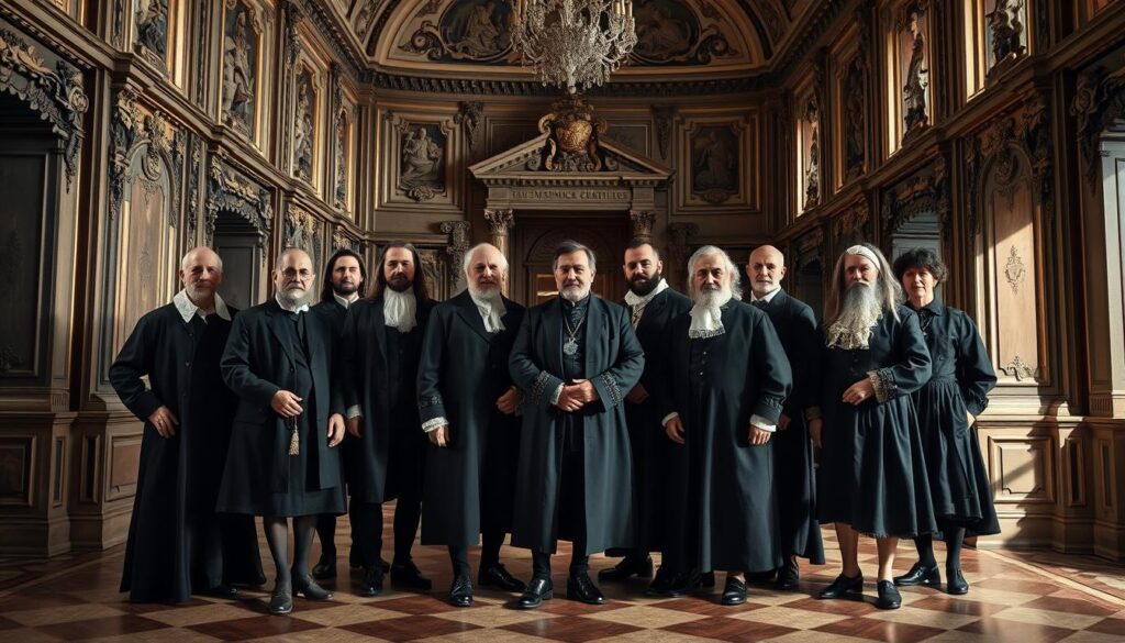 A formal group portrait of renowned Baroque architects, posed in a grand, ornate setting with intricate architectural details in the background. The architects are elegantly dressed in the fashions of the 17th century, standing in a symmetrical arrangement that emphasizes their stature and importance. Dramatic lighting casts dramatic shadows, highlighting the architects' faces and the ornate décor surrounding them. The overall atmosphere conveys a sense of grandeur, power, and the lasting legacy of these visionary designers who defined the Baroque aesthetic. A formal group portrait of renowned Baroque architects, posed in a grand, ornate setting with intricate architectural details in the background. The architects are elegantly dressed in the fashions of the 17th century, standing in a symmetrical arrangement that emphasizes their stature and importance. Dramatic lighting casts dramatic shadows, highlighting the architects' faces and the ornate décor surrounding them. The overall atmosphere conveys a sense of grandeur, power, and the lasting legacy of these visionary designers who defined the Baroque aesthetic.