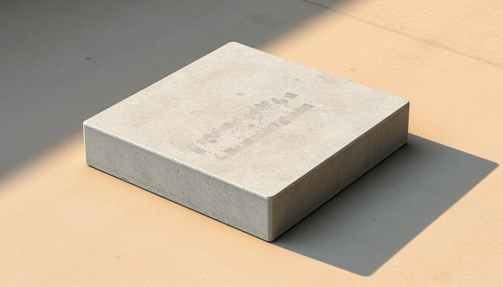 A heavy, solid concrete slab measuring 50x50 centimeters rests on a smooth, polished surface. The slab casts a soft, diffused shadow, hinting at the weight and density of the material. Warm, directional lighting illuminates the surface, highlighting the subtle textures and imperfections of the concrete. The overall scene conveys a sense of sturdy, industrial simplicity, emphasizing the weight and physical presence of the 50x50 cm concrete paving slab.