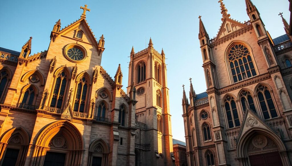 A large, ornate cathedral façade in the Romanesque style stands tall, its thick stone walls and rounded arches conveying a sense of solidity and grandeur. Beside it, a towering Gothic cathedral rises, its pointed spires and intricate tracery windows evoking a sense of upward aspiration and elegance. Both structures are bathed in warm, golden light, casting long shadows that create a sense of depth and contrast. The scene captures the key visual differences between the Romanesque and Gothic architectural styles, inviting the viewer to explore the distinctive qualities of each. A large, ornate cathedral façade in the Romanesque style stands tall, its thick stone walls and rounded arches conveying a sense of solidity and grandeur. Beside it, a towering Gothic cathedral rises, its pointed spires and intricate tracery windows evoking a sense of upward aspiration and elegance. Both structures are bathed in warm, golden light, casting long shadows that create a sense of depth and contrast. The scene captures the key visual differences between the Romanesque and Gothic architectural styles, inviting the viewer to explore the distinctive qualities of each.