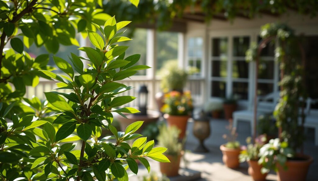 A lush and verdant garden scene, showcasing the graceful silhouette of a Laurel cherry (Prunus laurocerasus) plant in the foreground. Dappled sunlight filters through the plant's glossy, evergreen leaves, casting a warm, natural glow. In the middle ground, a collection of potted plants and decorative garden elements, such as ornamental planters and trellises, create a harmonious, practical arrangement. The background features a blurred, out-of-focus view of a tranquil outdoor setting, perhaps a patio or porch, evoking a sense of serene ambiance. The overall composition emphasizes the versatility and aesthetic appeal of incorporating Laurel cherry into various garden designs and layouts. A lush and verdant garden scene, showcasing the graceful silhouette of a Laurel cherry (Prunus laurocerasus) plant in the foreground. Dappled sunlight filters through the plant's glossy, evergreen leaves, casting a warm, natural glow. In the middle ground, a collection of potted plants and decorative garden elements, such as ornamental planters and trellises, create a harmonious, practical arrangement. The background features a blurred, out-of-focus view of a tranquil outdoor setting, perhaps a patio or porch, evoking a sense of serene ambiance. The overall composition emphasizes the versatility and aesthetic appeal of incorporating Laurel cherry into various garden designs and layouts.