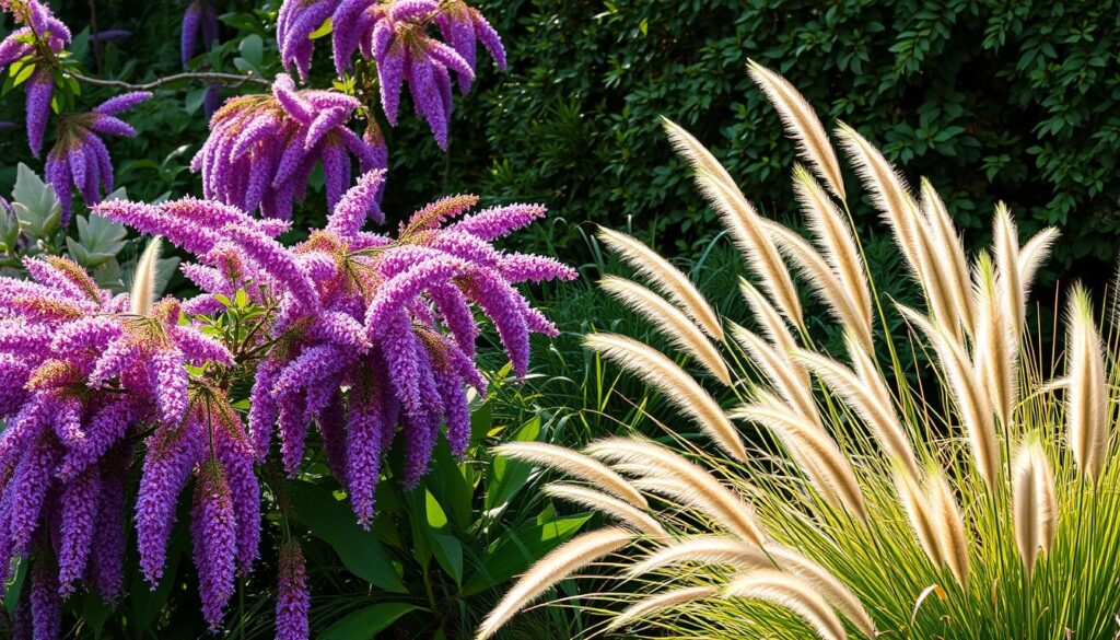 A lush and vibrant garden scene featuring a stunning arrangement of Buddleja (Butterfly Bush) plants intertwined with ornamental grasses. The Buddleja shrubs are the focal point, their cascading purple-pink flower panicles framed by the soft, feathery foliage of the ornamental grasses. Warm, diffused sunlight filters through the scene, casting gentle shadows and highlights that accentuate the natural textures and colors. The composition is balanced and harmonious, with the Buddleja and grasses positioned in a way that creates a sense of movement and depth. The overall mood is one of serene natural beauty, inviting the viewer to immerse themselves in this captivating garden display. A lush and vibrant garden scene featuring a stunning arrangement of Buddleja (Butterfly Bush) plants intertwined with ornamental grasses. The Buddleja shrubs are the focal point, their cascading purple-pink flower panicles framed by the soft, feathery foliage of the ornamental grasses. Warm, diffused sunlight filters through the scene, casting gentle shadows and highlights that accentuate the natural textures and colors. The composition is balanced and harmonious, with the Buddleja and grasses positioned in a way that creates a sense of movement and depth. The overall mood is one of serene natural beauty, inviting the viewer to immerse themselves in this captivating garden display.