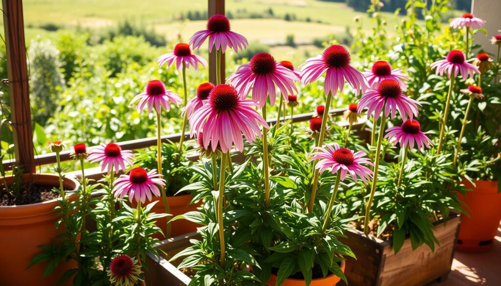 A lush and vibrant scene of echinacea plants (Jeżówki) potted and arranged on a warm, sun-dappled terrace. The plants, with their delicate pink and purple blooms, stand tall and proud, their foliage casting gentle shadows on the terracotta pots and weathered wooden planters. In the background, a verdant garden sprawls, hinting at the larger landscape beyond the intimate terrace setting. The warm, golden light filters through the scene, creating a cozy, inviting atmosphere, perfect for enjoying the beauty of these captivating perennials. A sense of tranquility and harmony permeates the composition, showcasing the versatility of echinacea in both outdoor living spaces and garden beds. A lush and vibrant scene of echinacea plants (Jeżówki) potted and arranged on a warm, sun-dappled terrace. The plants, with their delicate pink and purple blooms, stand tall and proud, their foliage casting gentle shadows on the terracotta pots and weathered wooden planters. In the background, a verdant garden sprawls, hinting at the larger landscape beyond the intimate terrace setting. The warm, golden light filters through the scene, creating a cozy, inviting atmosphere, perfect for enjoying the beauty of these captivating perennials. A sense of tranquility and harmony permeates the composition, showcasing the versatility of echinacea in both outdoor living spaces and garden beds.
