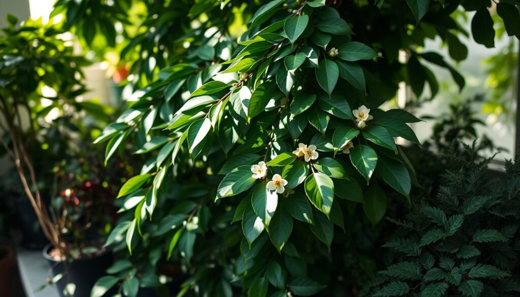 A lush, botanical composition featuring the graceful silhouettes of cherry laurel (Prunus laurocerasus) foliage. The laurel leaves cascade elegantly, their deep green hues accentuated by dappled natural lighting filtering through a canopy of verdant foliage. Delicate, cream-colored blooms dot the arrangement, adding a subtle floral accent. The composition is framed by a mix of other potted plants, their varied textures and shades of green creating a harmonious, serene tableau. Soft shadows and a slightly muted color palette lend an atmospheric, contemplative mood to the scene. Captured with a shallow depth of field to gently blur the background, drawing the viewer's focus to the lush, botanical centerpiece. A lush, botanical composition featuring the graceful silhouettes of cherry laurel (Prunus laurocerasus) foliage. The laurel leaves cascade elegantly, their deep green hues accentuated by dappled natural lighting filtering through a canopy of verdant foliage. Delicate, cream-colored blooms dot the arrangement, adding a subtle floral accent. The composition is framed by a mix of other potted plants, their varied textures and shades of green creating a harmonious, serene tableau. Soft shadows and a slightly muted color palette lend an atmospheric, contemplative mood to the scene. Captured with a shallow depth of field to gently blur the background, drawing the viewer's focus to the lush, botanical centerpiece.
