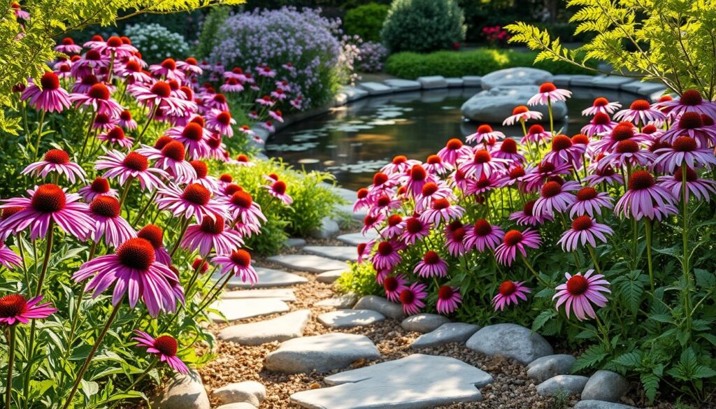 A lush garden path winding through a vibrant display of echinacea (coneflowers) in shades of pink, purple, and white. The flowers sway gently in the soft, warm breeze, their petals catching the dappled sunlight that filters through the surrounding foliage. In the foreground, the path is lined with smooth, rounded river rocks, leading the eye deeper into the serene garden. Beyond the flowers, a tranquil water feature reflects the natural beauty, its surface rippling with the movement of aquatic life. The overall scene conveys a sense of peaceful harmony, where nature and human-made elements coexist in perfect balance. A lush garden path winding through a vibrant display of echinacea (coneflowers) in shades of pink, purple, and white. The flowers sway gently in the soft, warm breeze, their petals catching the dappled sunlight that filters through the surrounding foliage. In the foreground, the path is lined with smooth, rounded river rocks, leading the eye deeper into the serene garden. Beyond the flowers, a tranquil water feature reflects the natural beauty, its surface rippling with the movement of aquatic life. The overall scene conveys a sense of peaceful harmony, where nature and human-made elements coexist in perfect balance.